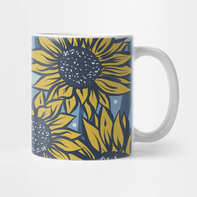 Blue and Yellow Sunflowers on a Blue Background with Polka Dots Repeat Pattern by NattyDesigns